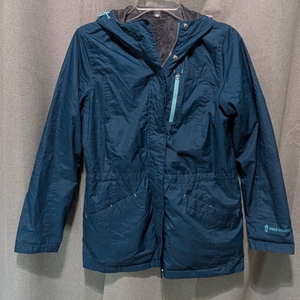 Free Country Jacket Womens M Blue Excellent Hooded Faux Fur Lined Anorak Parka